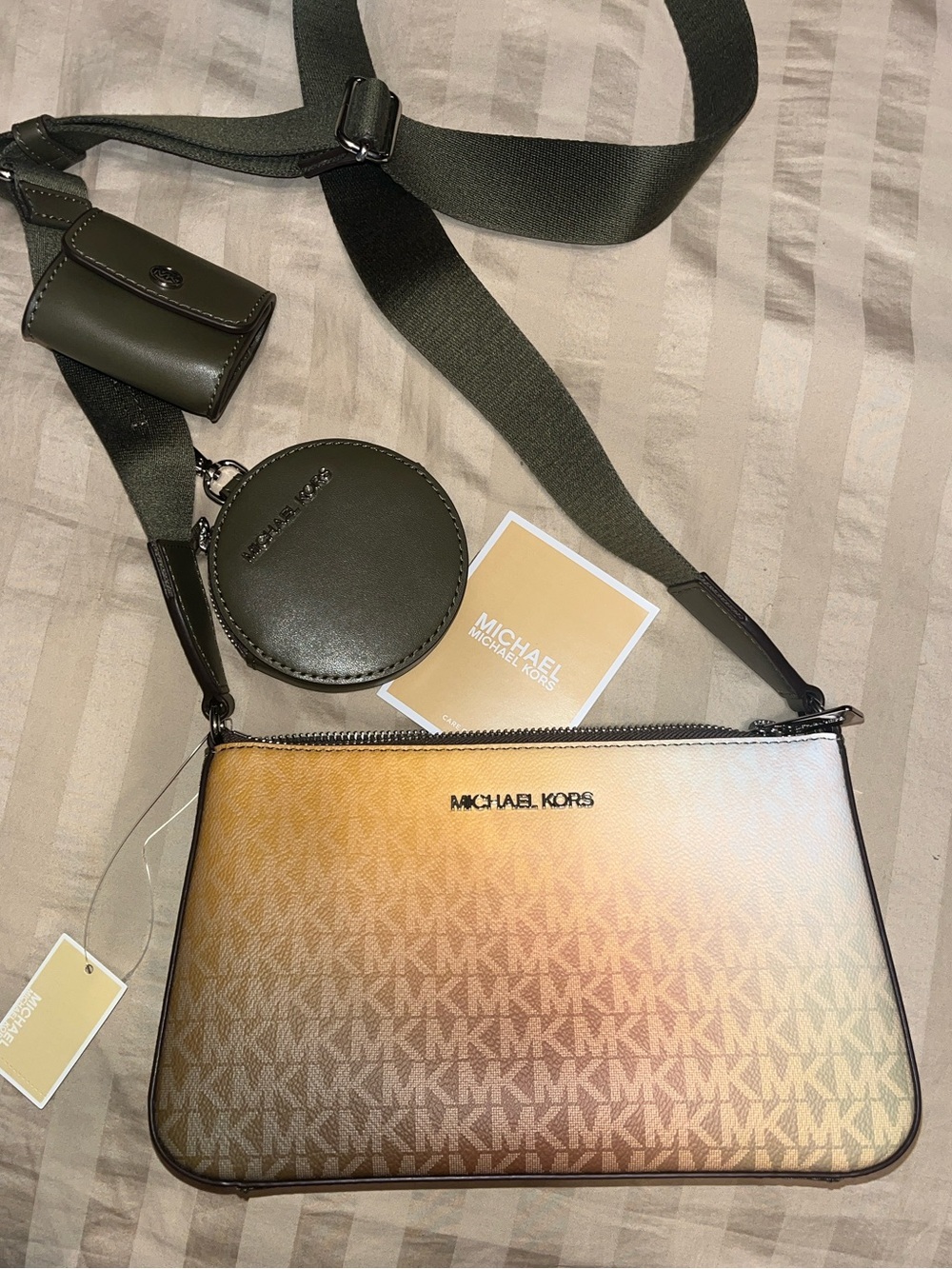 Michael Kors Gradient MK Crossbody with Olive Green Strap and Pouches NWT